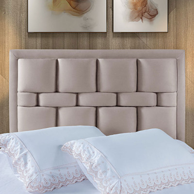 Cabeceira Casal Estofada Cama Box 1,40 Veludo Bege Pavia Com Frame Arezzo