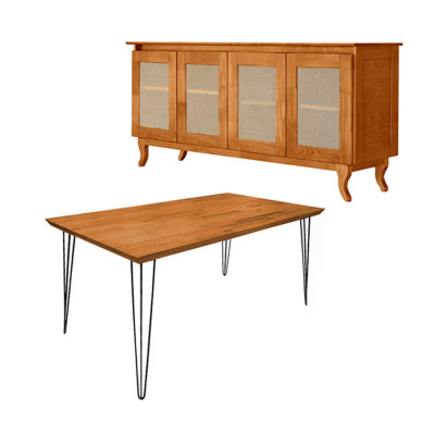 Conjunto Sala De Jantar Mesa Industrial Lanna Com Buffet Aparador Deltan Madeira Maciça