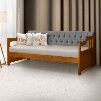 Sofá Cama Dublin Mona Estofado Capitonê Veludo Cinza Madeira Com 1 Colchão - Castanho