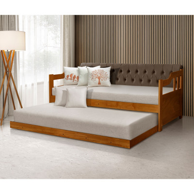 Bicama Dublin Estofado Capitonê Veludo Marrom Madeira Com Cama Auxiliar 2 Colchões - Castanho