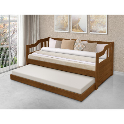 Sofá Cama Solteiro Vintage Com Cama Auxiliar Madeira + 2 Colchões - Castanho