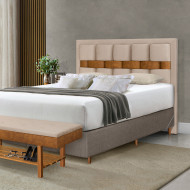 Cabeceira Cama Box Casal Tamanho 1,40 Estofada Arezzo Com Framer Veludo Pavia Bege e Listra Caramelo(100)