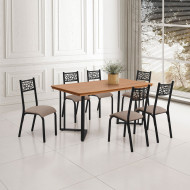 Conjunto Sala de Jantar Industrial Michigan 1,60 Tampo Castanho com 6 Cadeiras Jasmin Assento Bege