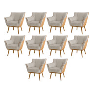 Kit 10 Poltronas Decorativas Floresta Base em Madeira Veludo Bege com Courino