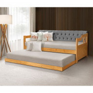 Bicama Dublin Estofado Capitonê Veludo Cinza Madeira Com Cama Auxiliar 2 Colchões - Imbuia