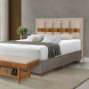 Cabeceira Cama Box Casal Tamanho 1,40 Estofada Arezzo Com Framer Veludo Pavia Bege e Listra Caramelo - 1